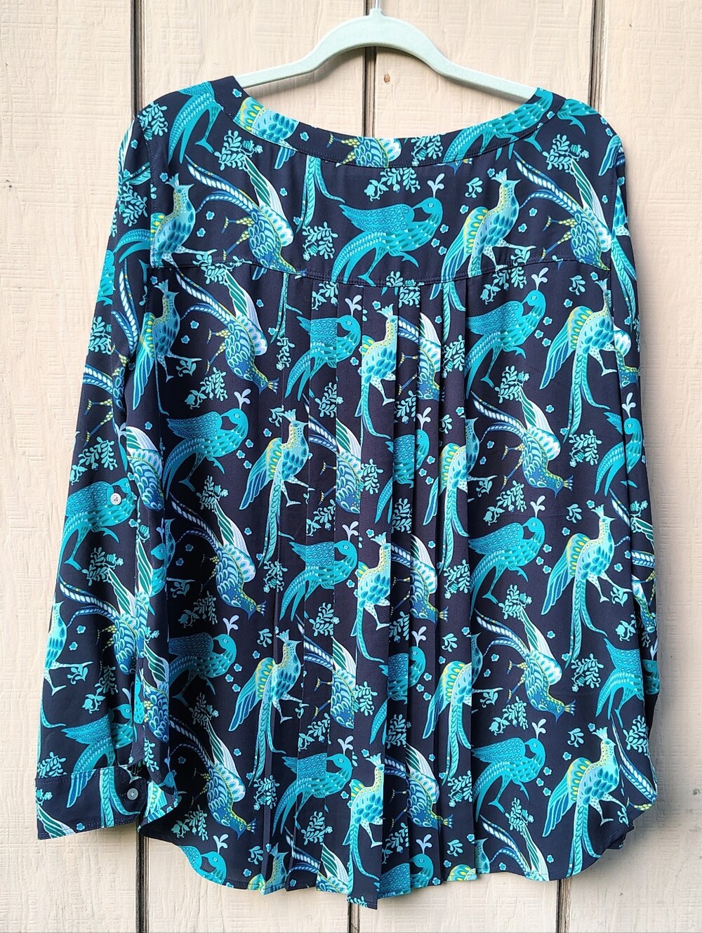LOFT Peacock Top Large Blue Teal Long Sleeve Pleated Lightweight Flowy Relaxed - Picture 4 of 7